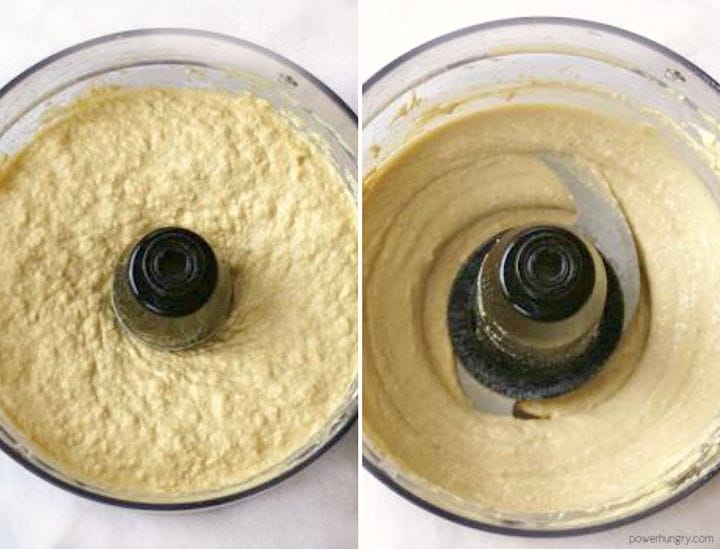 collage of hummus being made in a food processor