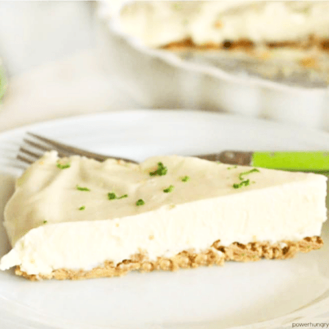 No-bake vegan cashew cream lime pie slice on a white plate