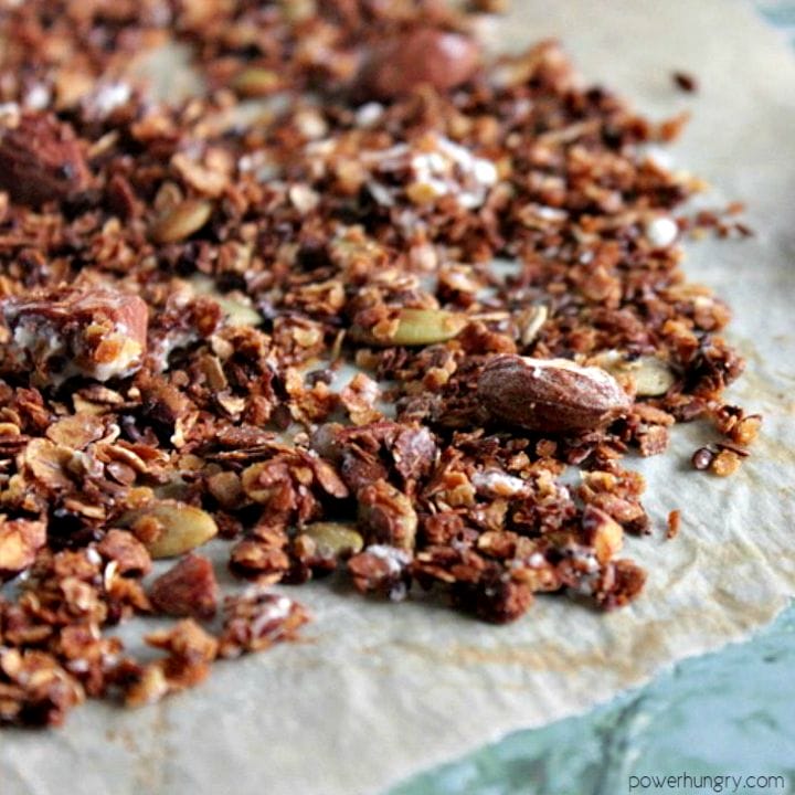 oil-free chocolate granola on a piece of baking parchment