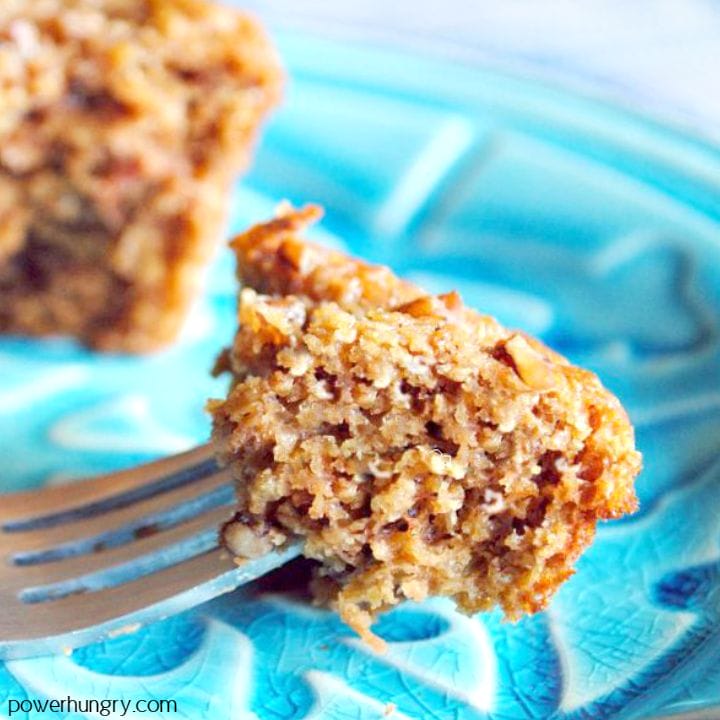 cloe up of a piece of cinnamon quinoa muffin on a fork