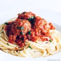 vegan tip meatballs on a bed of spaghetti