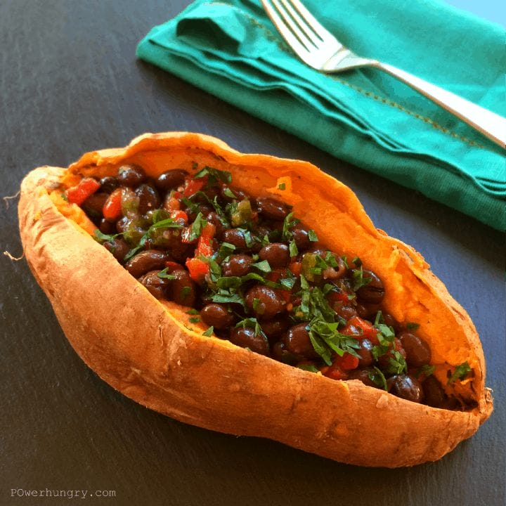 Black Bean Chili-Topped Sweet Potatoes (vegan option)