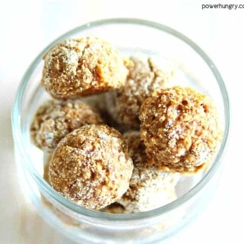 almond butter coconut flour energy balls in a glass dish