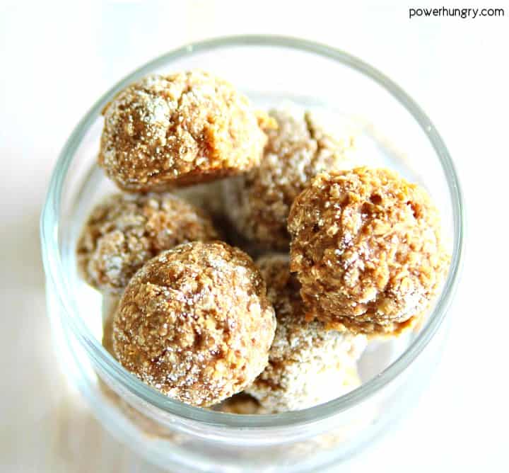 Almond Butter Coconut Flour Energy Balls in a glass dish