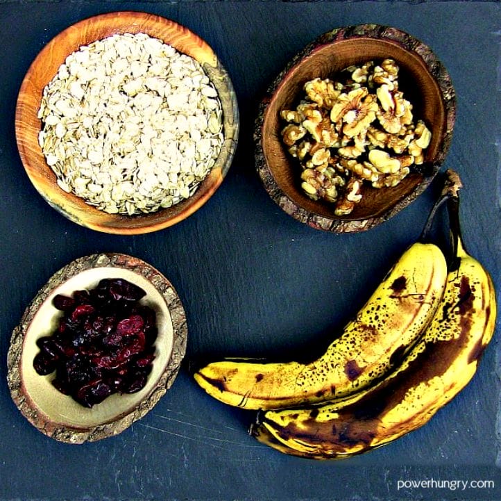 ingredients for banana oat energy cookies on a piece of slate