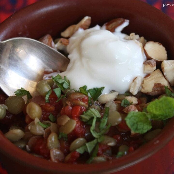3-Minute, Healthy Microwave Mug Meal: Spiced Lentils with Yogurt, Almonds and Mint