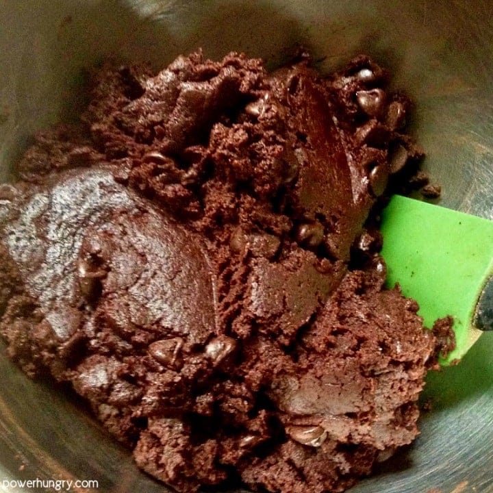 double chocolate vegan gluten-free cookie dough in a metal bowl
