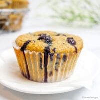 oil-free vegan blueberry oat muffin on a white plate