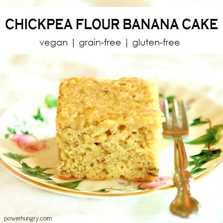 a square of chickpea flour banana cake on a floral porcelain dis