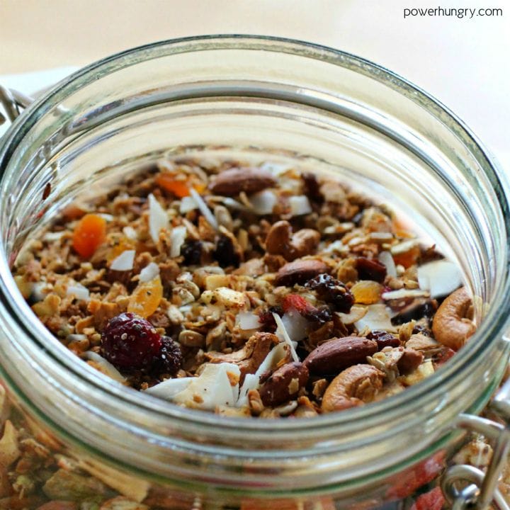Buckwheat granola in a jar, loaded with dried fruits and nuts
