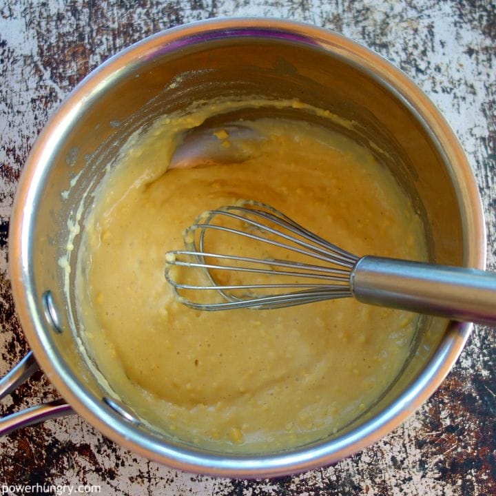 saucepan with the chickpea water mixture for Chickpea Flour Mayonnaise