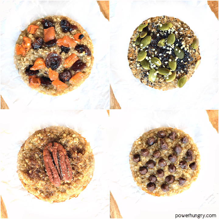 overhead shot of 4 vegan, oil-free banana quinoa muffins with various toppings