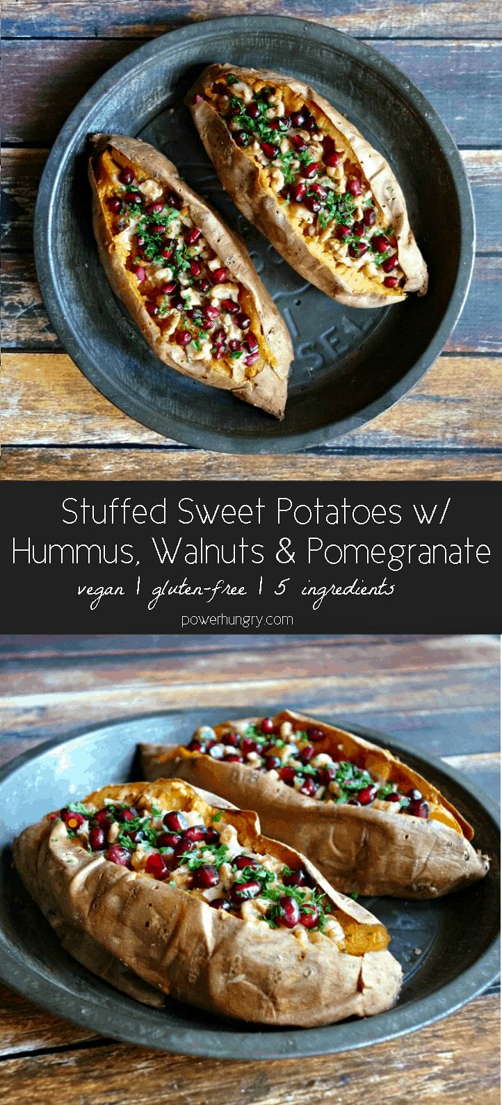 vegan supper stuffed sweet potatoes with hummus, walnuts and pomegranate