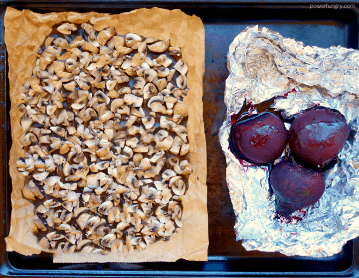 overhead shot of roasted beets and roasted mushrooms