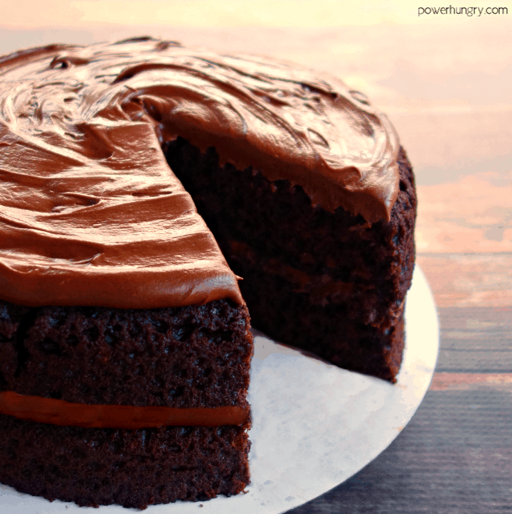 chickpea flour chocolate layer cake with a slice cut out