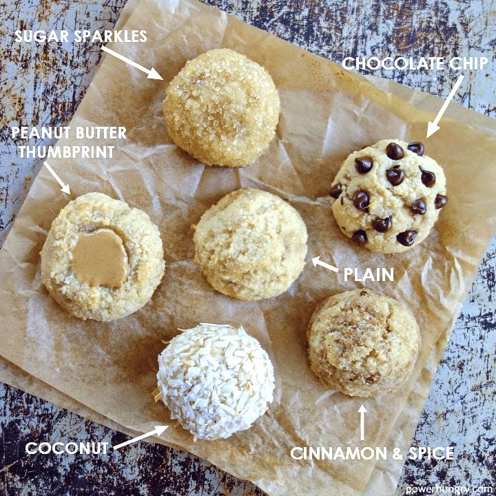 overhead shot of 3-ingedient banana almond flour cookies with various toppings