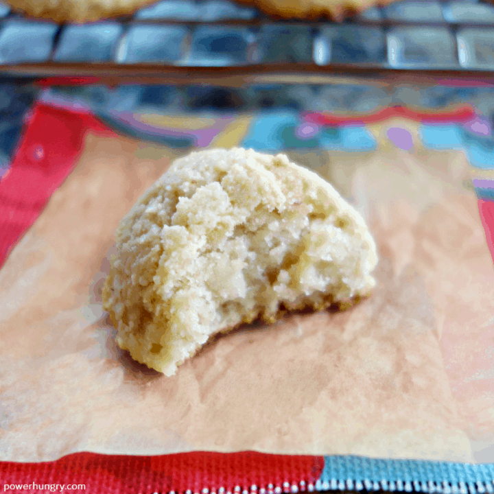 close up of a banana almond flour cookie on a piece of parchment paper