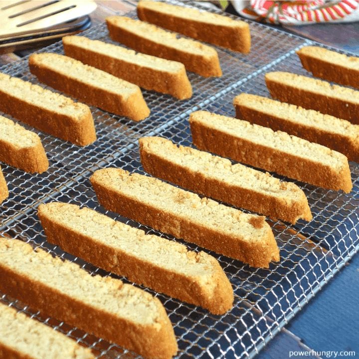 4-Ingredient Vegan Almond Flour Biscotti spaced out on a wire cooling rack