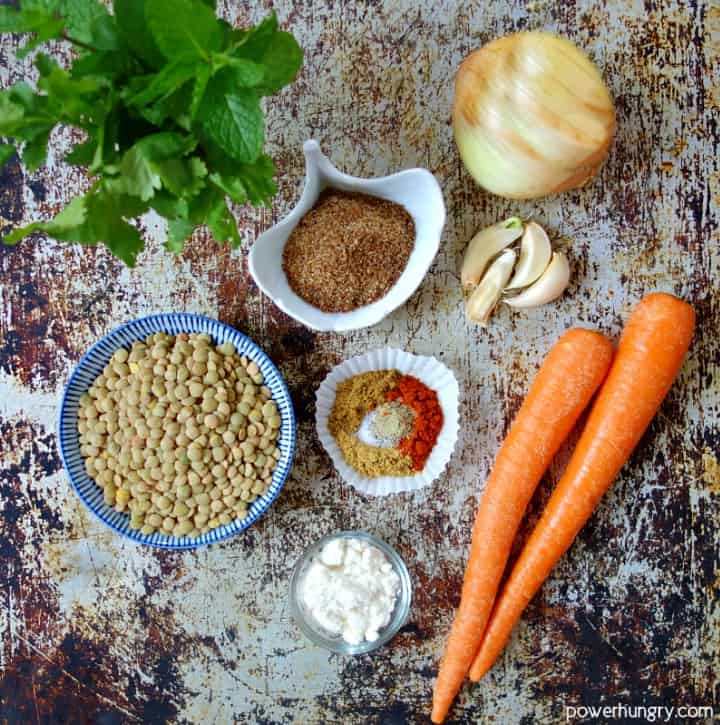 overhead photo of ingredients for lentil kefta