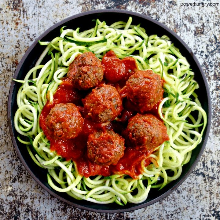 lentil and mushroom meatballs on a bed of zucchini noodles (zoodles)
