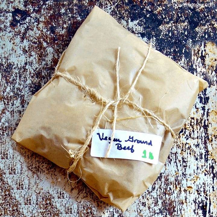 Wrapped package of easy DIY vegan ground beef that is grain-free