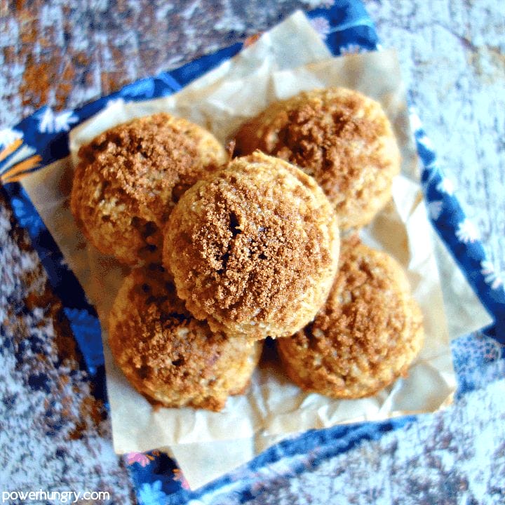 overhead shot of vegan sweet potato almond flour cookies atop a blue patterned napkin.