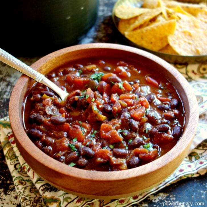 3-ingredient black bean chili in a wooden bowl