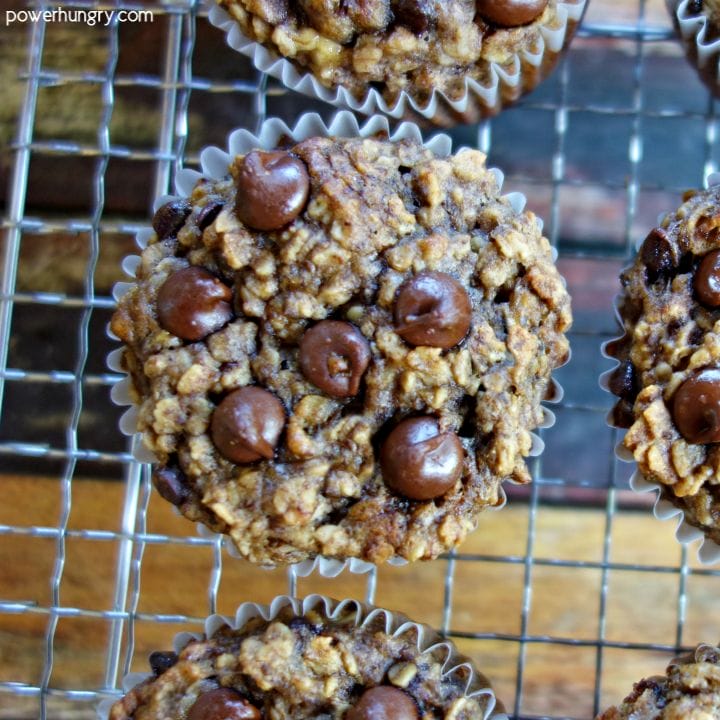 Overhead Shot of Peanut Butter Banana Baked Oatmeal Cups on a wire cooling rack
