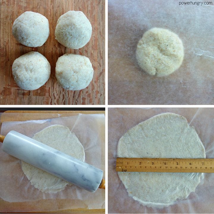 step by step photo collage of how to shape and roll the coconut flour tortillas