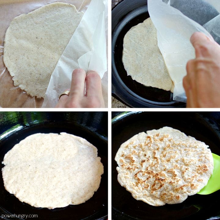 step by step photo collage of how to cook cocnut flour tortillas in a skillet