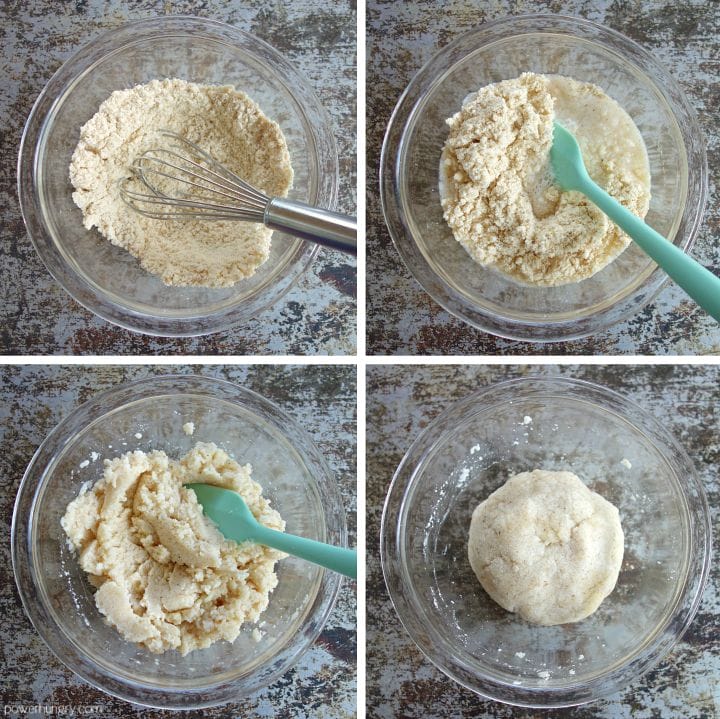 step by step photos of how to mix the dough for coconut flour tortillas