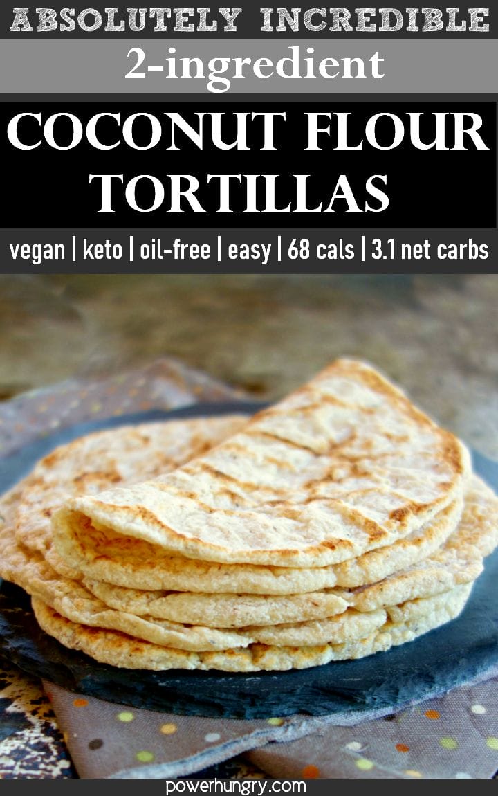 stack of 2-ingredient coconut flour tortillas on a slate plate.