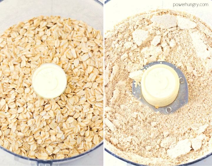 before and after photo collage showing a food processor with oats, which are then ground into oat flour