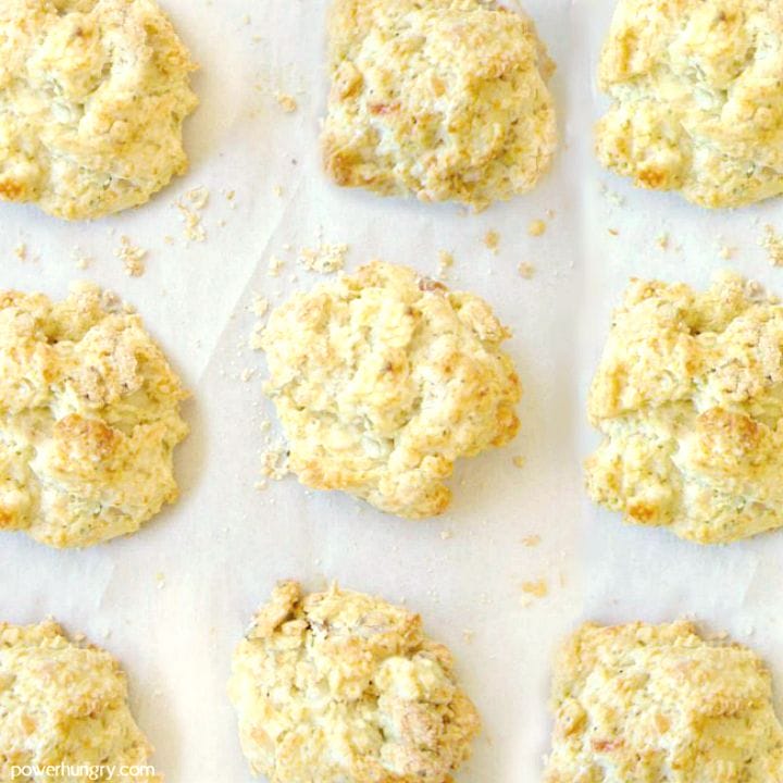 overhead shot of irish soda bread biscuits on a parchment lined baking sheet