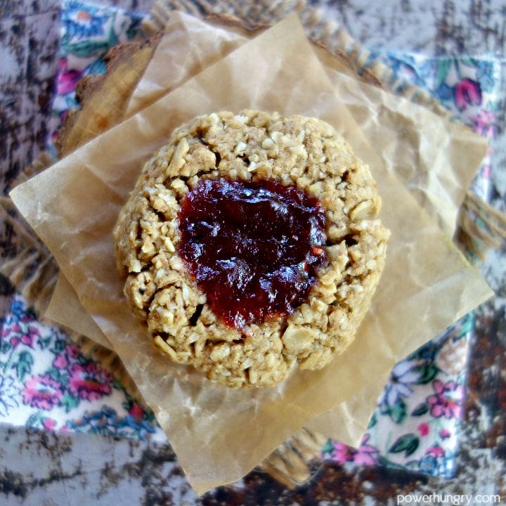 overhead close-up of a vegan oat thumbprint cookie