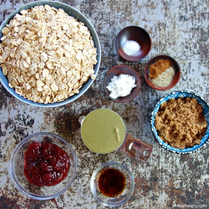 ingredients for making vegan oat thumbprints, laid out on a cookie sheet