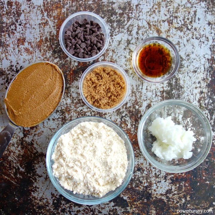 overhead shot of the ingredients for no bake coconut flour cookie dough