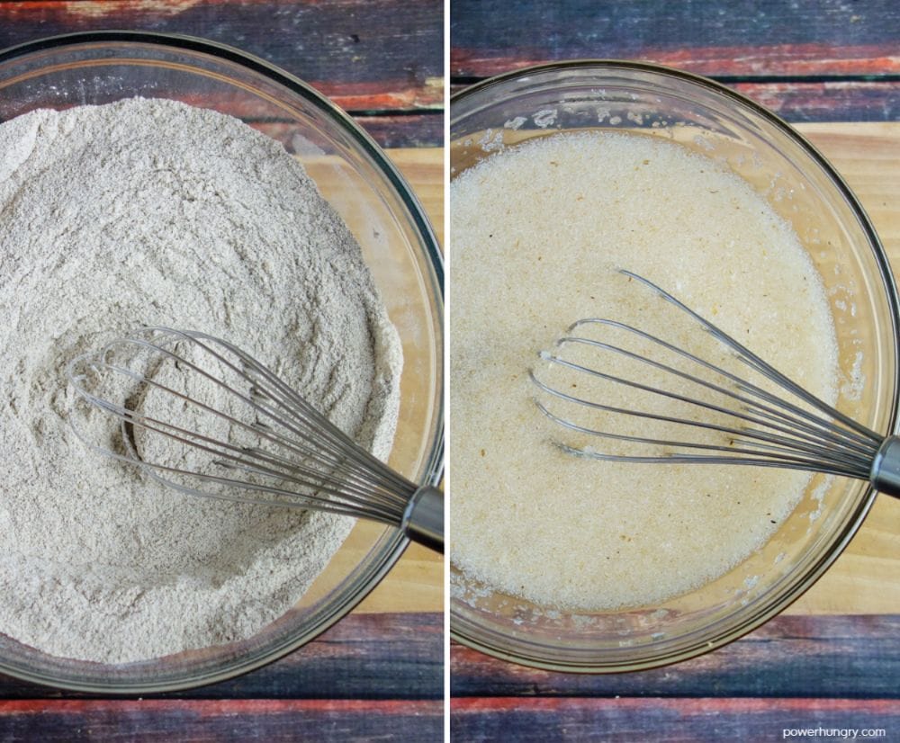 2 photo collage of the wet and dry ingredients being mixed for gluten free buckwheat bread