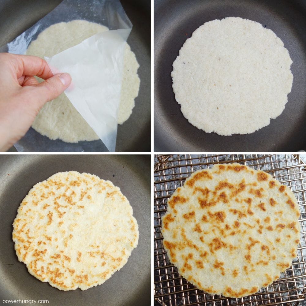 4 photo collage showing the step by step process for cooking an almond flour tortilla