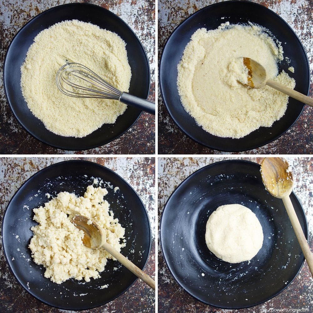 4 photo collage of making dough for almond flour tortillas