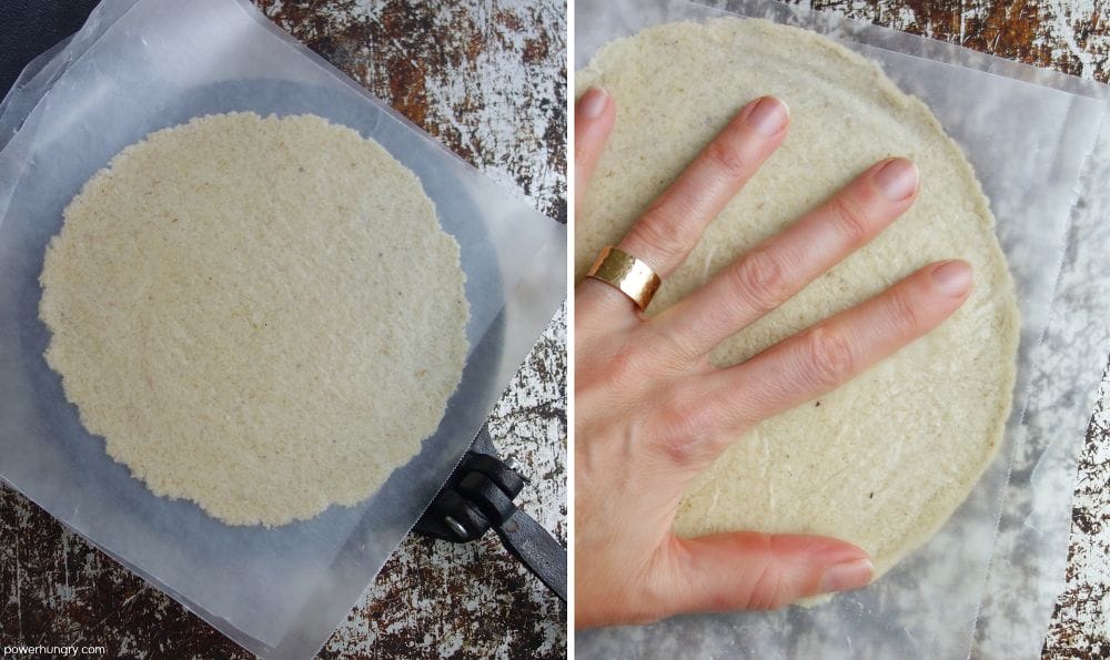 two photo collage showing alternative ways to press out tortilla dough