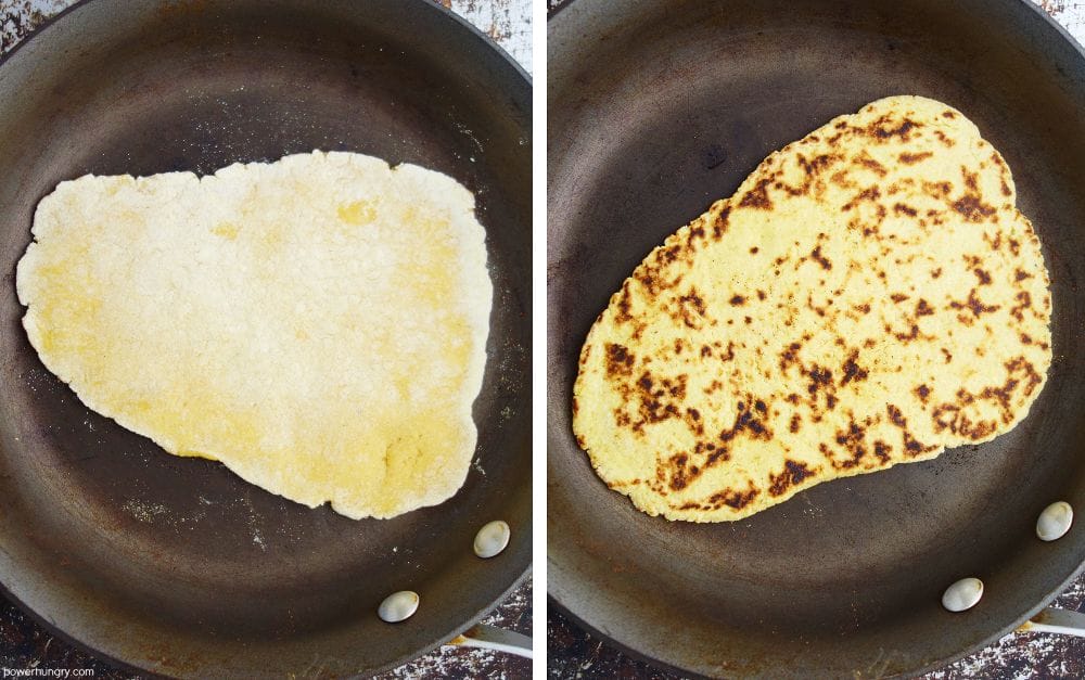 two photo collage showing how to cook grain-free naan in a skillet