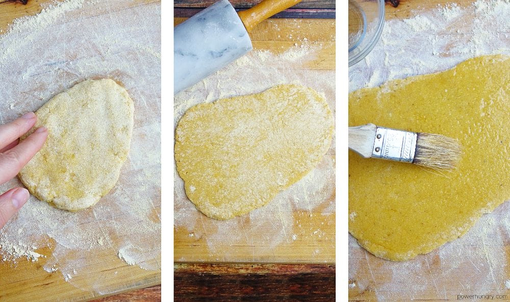 three photo collage showing of the steps to roll out naan dough