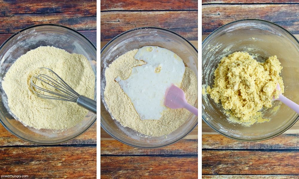 three photo collage showing the steps to make naan dough