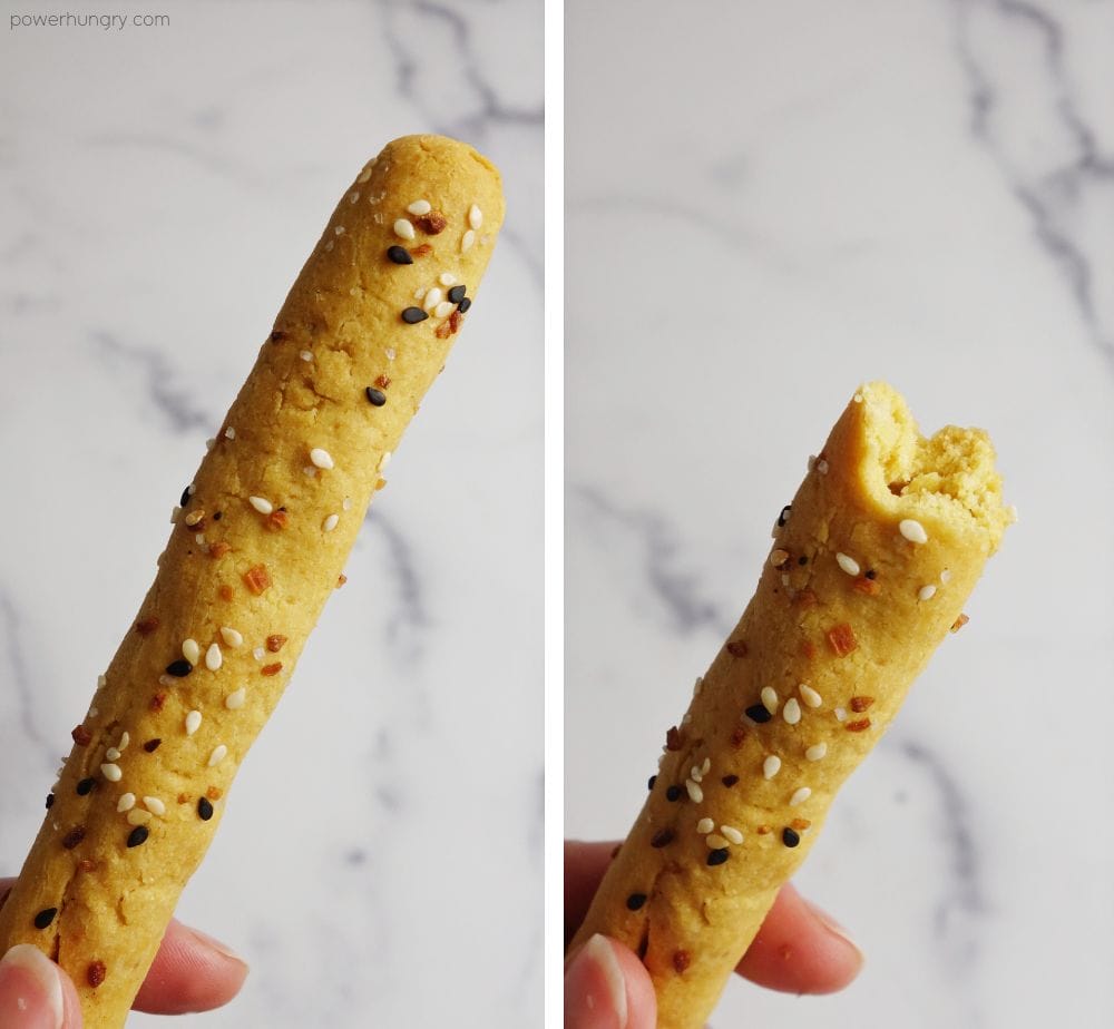 two photo collage of a single breadstick