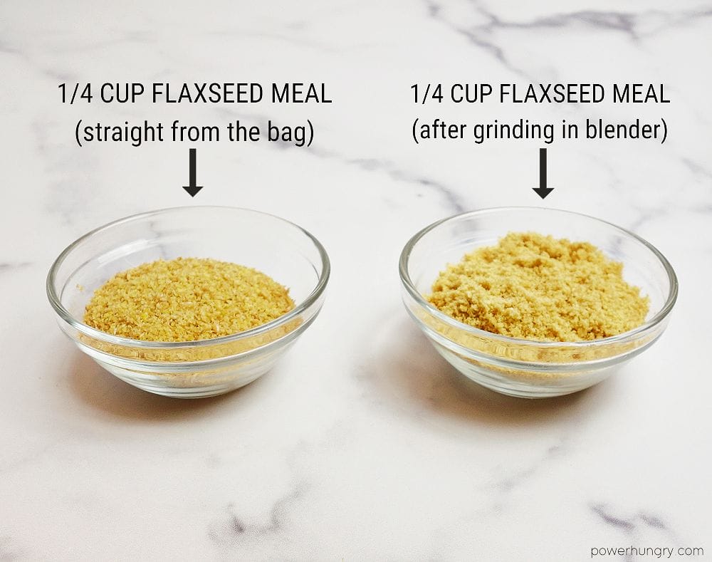 2 bowls of golden flaxseed meal. One is meal from the bag, the other is meal that has been finely ground.