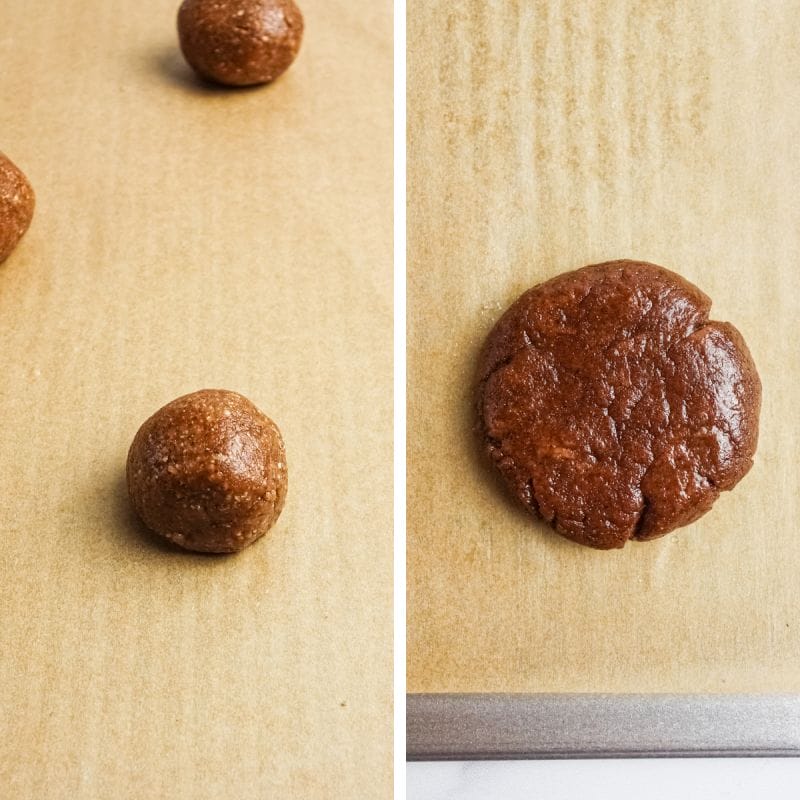 photo collage showing how to form tiger nut flour cookie dough into balls and then flattened before baking