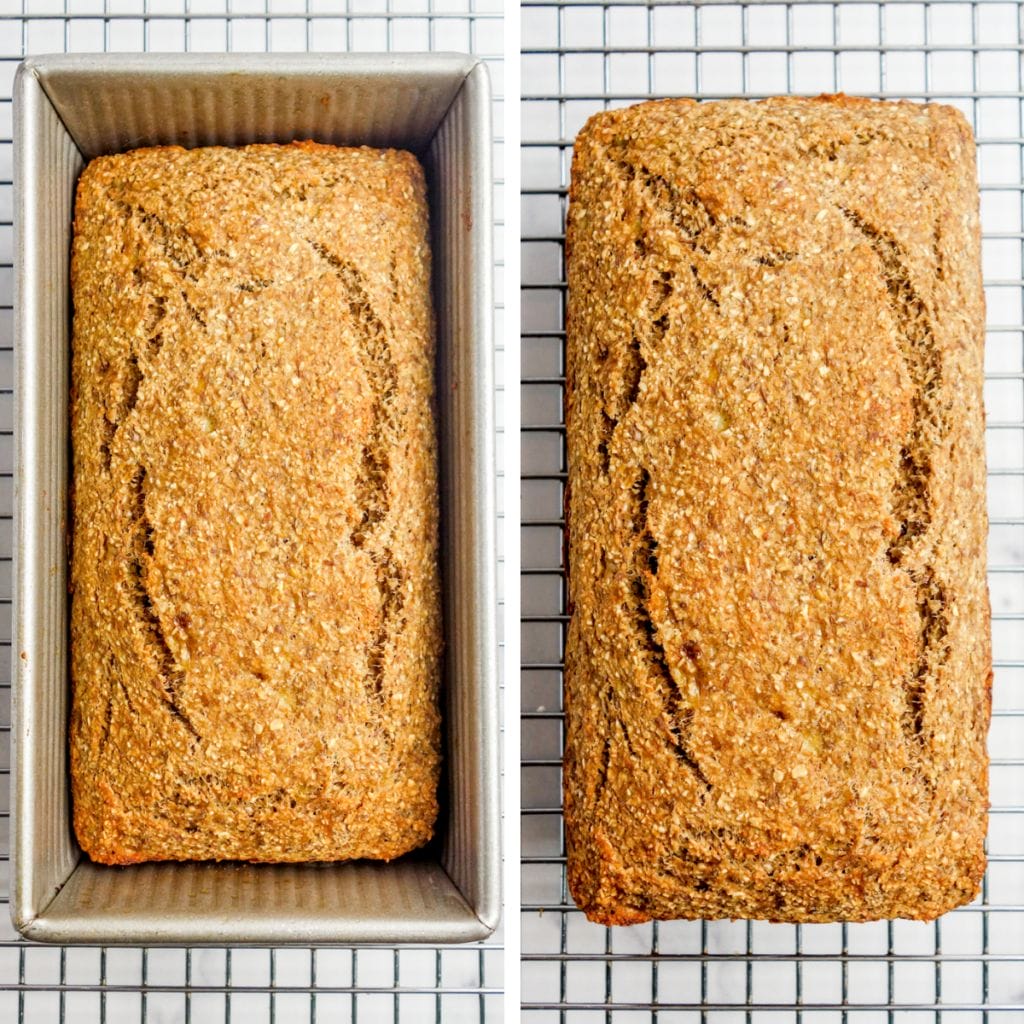 2 photo collage of baked vegan oat flour banana bread on a silver cooling rack