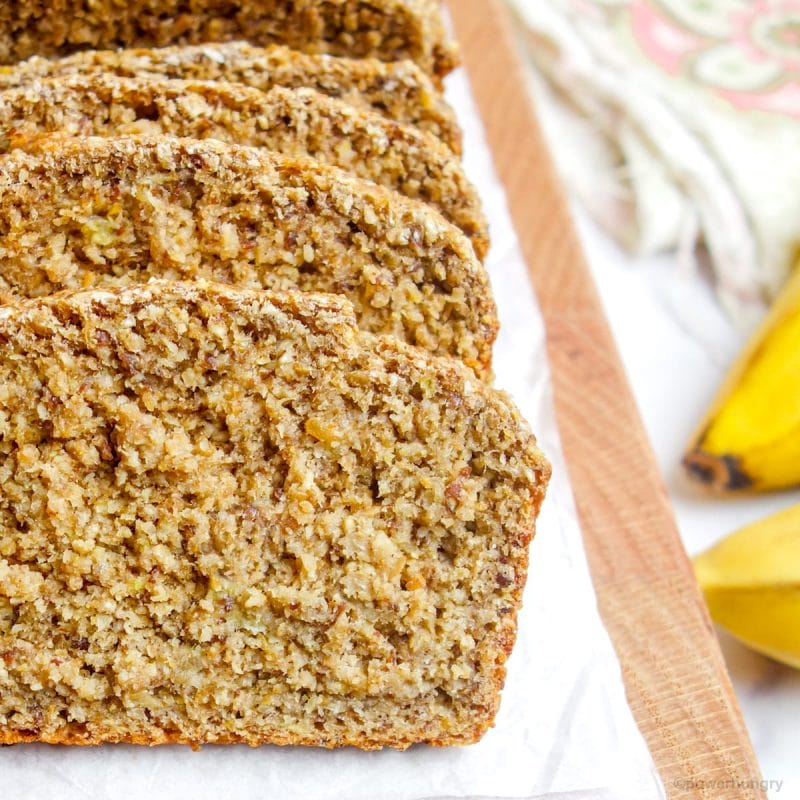 close up of slices of banana loaf, sliced, on a cutting board