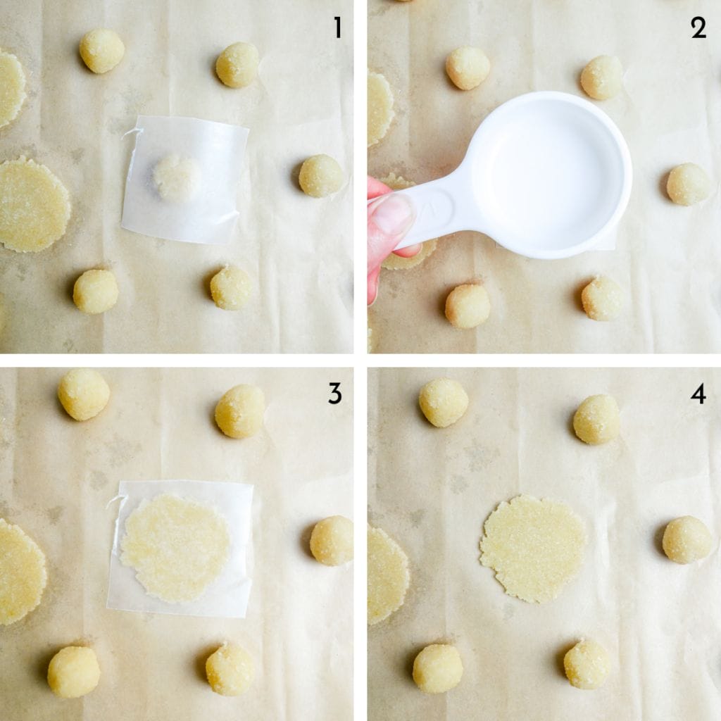 4 photo collage showing how to shape the dough for almond flour crackers